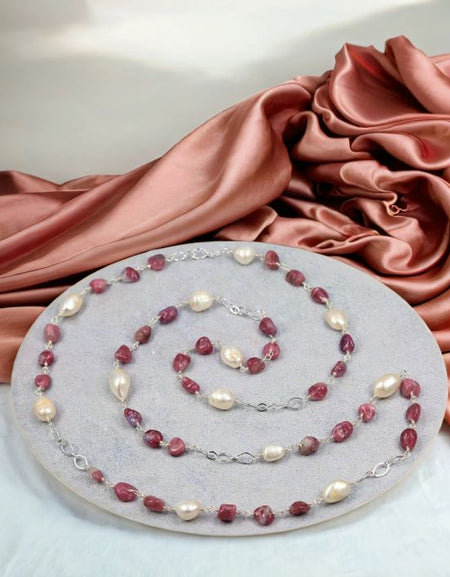 Watermelon Tourmaline and Freshwater Pearls Necklace