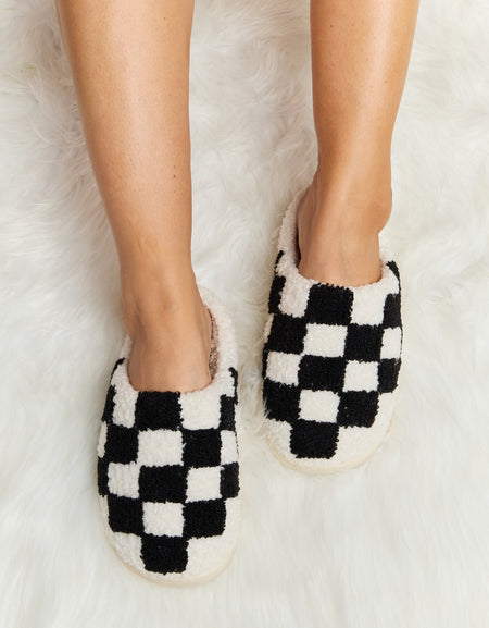 Melody Checkered Print Plush Slide Slippers