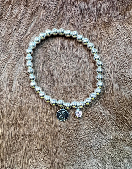 RS Sterling Silver Beaded Stretch Bracelet with Guardian Angel and Birthstone