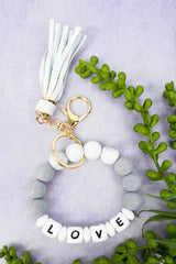 Love Block Letter Light Gray and White Beaded Bracelet Keychain