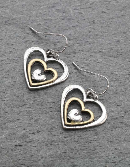 Heart Shape Fish Hook Earrings - Burnished Silver And Gold