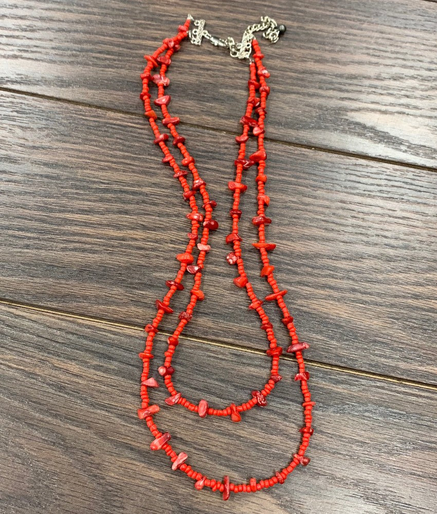 Handmade Coral Chip Stone Necklace