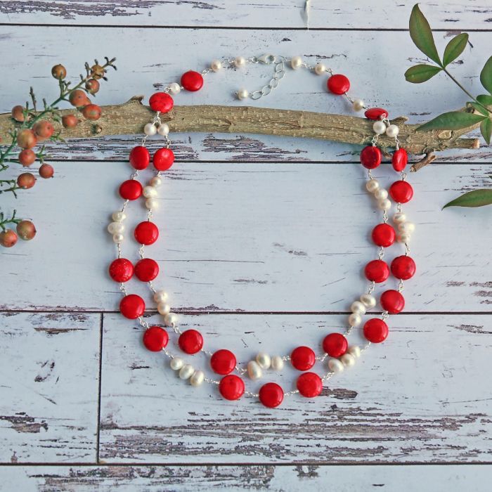Red Magnesite & Pearl Necklace