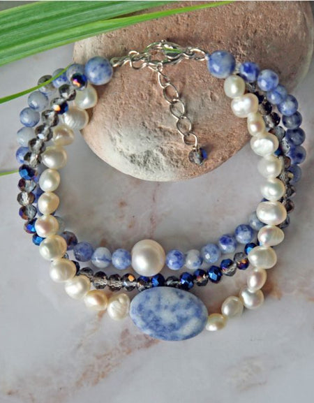 Multi Strand Sodalite & Cultured Pearls Bracelet