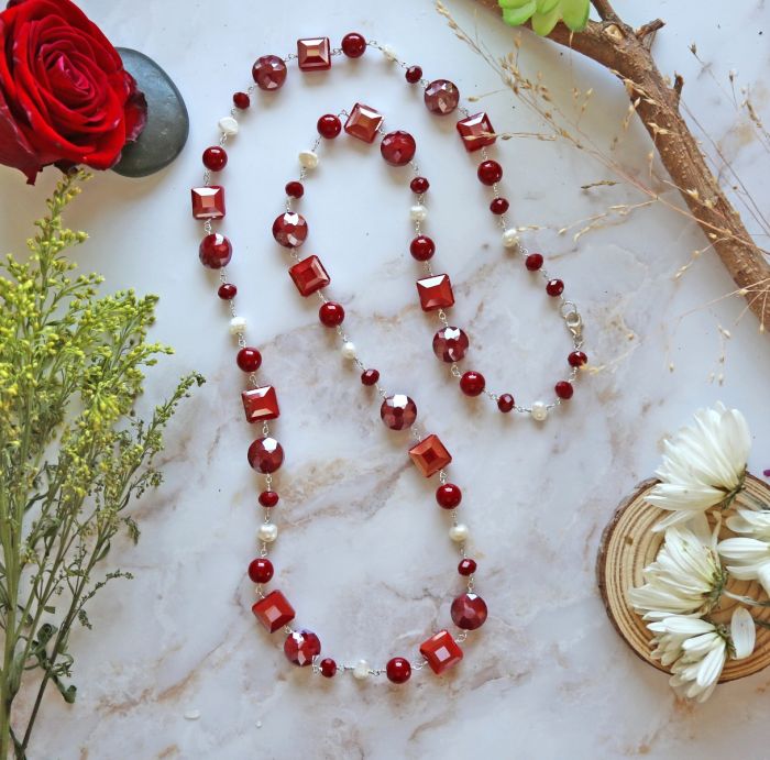Red Mix Shaped Crystals Long Necklace