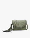 Sloane Suede Flapover Crossbody w/ Whipstitch & Tassel - Olive