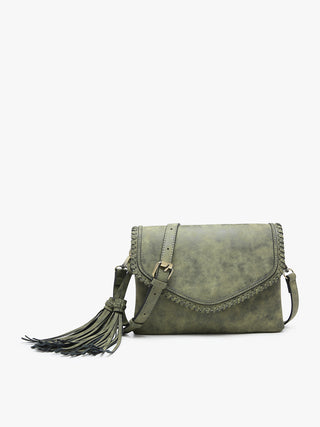 Sloane Suede Flapover Crossbody w/ Whipstitch & Tassel - Olive