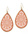 Metal filigree teardrop earring - coral