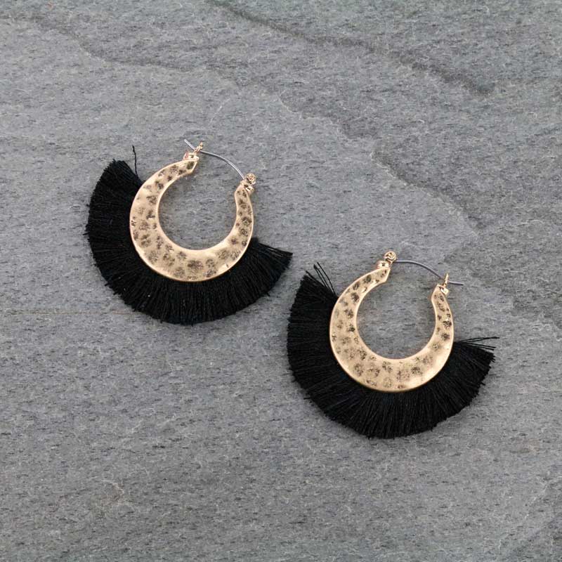 Thread Tassel with Hammered Metal Hoop Earrings - Black