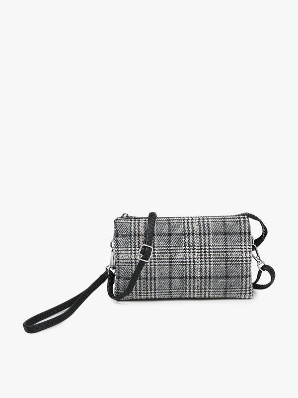 Riley Plaid 3 Compartment Crossbody/Wristlet - Black/Gray