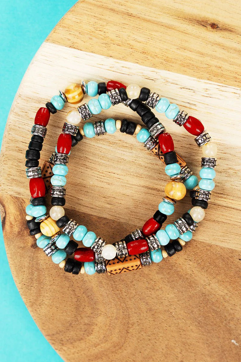 TURQUOISE SILVERTONE MULTI- COLOR OAK LANE BEADED BRACELET SET