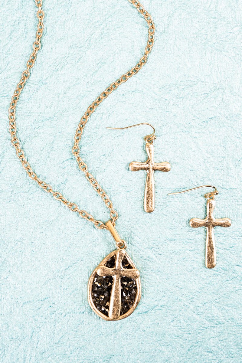 All Sparkle Hematite and Goldtone Cross Necklace and Earring