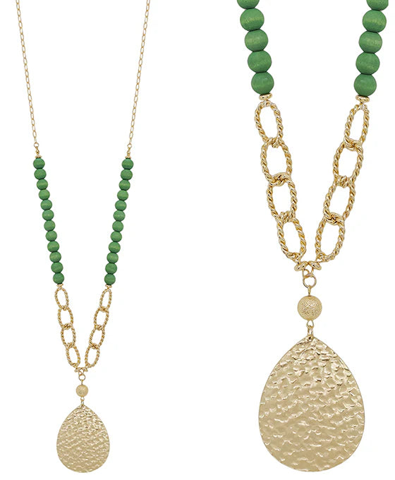 SMD Teardrop metal w/ chain & wood bead necklace - green