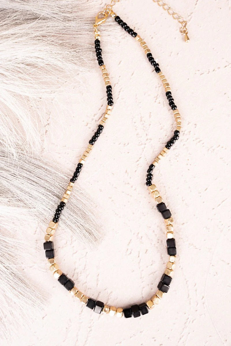 CRYSTAL AVENUE BLACK AND GOLDTONE CUBE BEADED NECKLACE