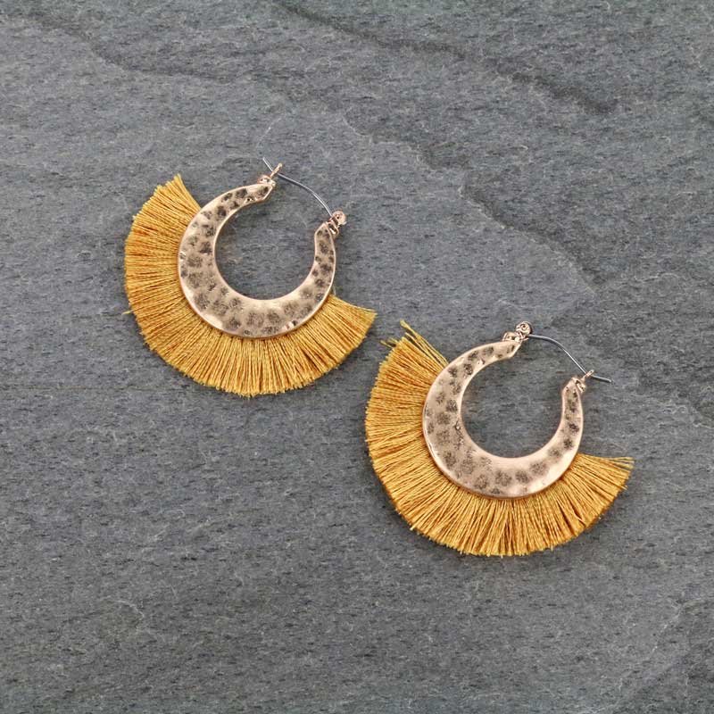 Thread Tassel with Hammered Metal Hoop Earrings - Mustard