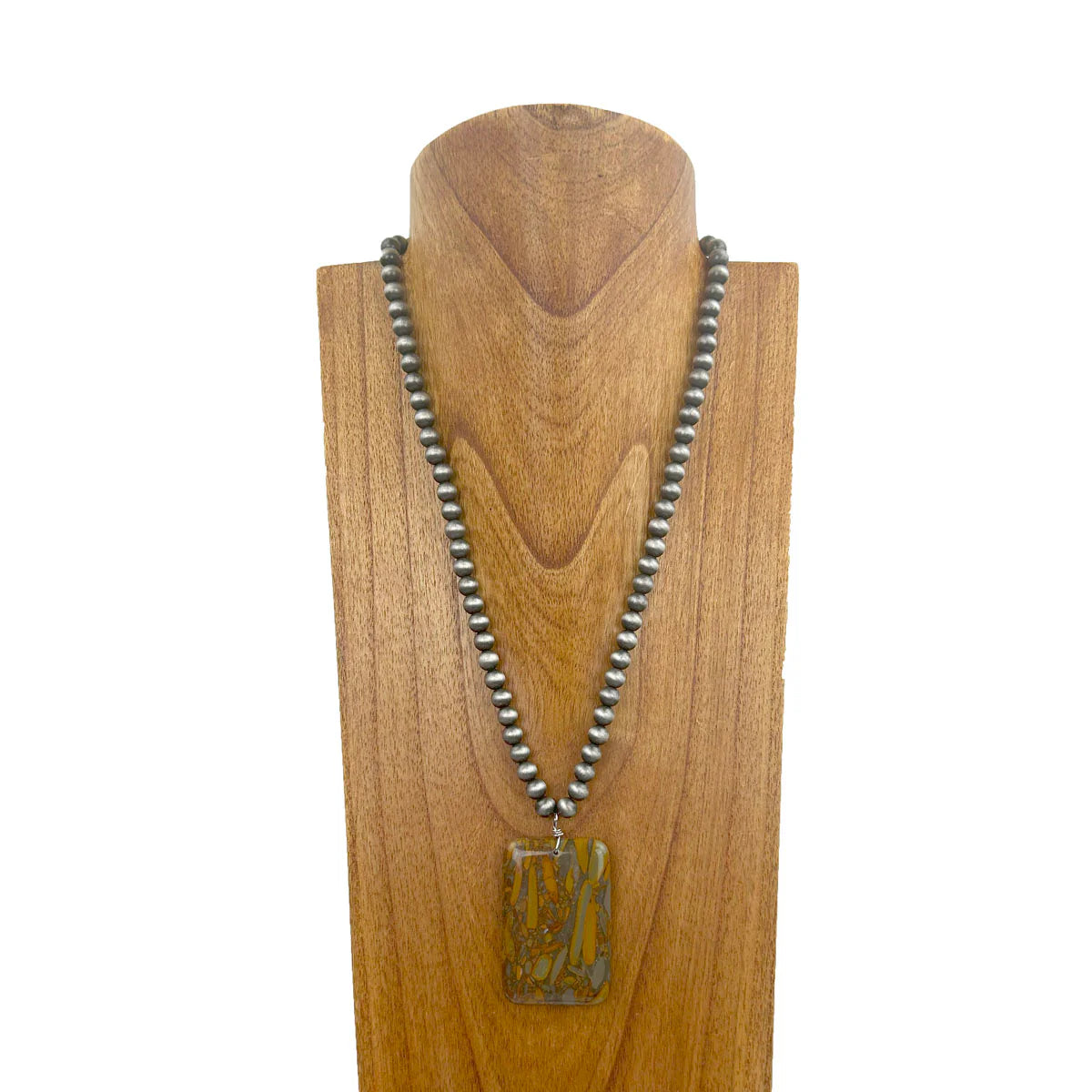WE 22-inch Silver Navajo pearl bead necklace with large brown rectangular jasper stone pendant