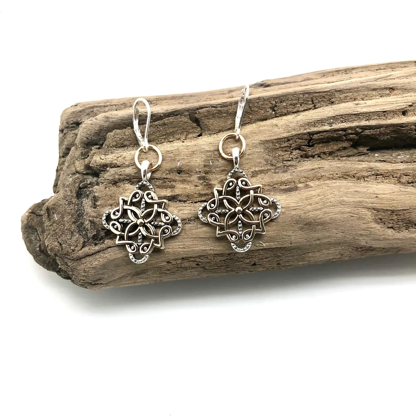 Earring Alloy Plated Filigree Drop Lever Two Tone