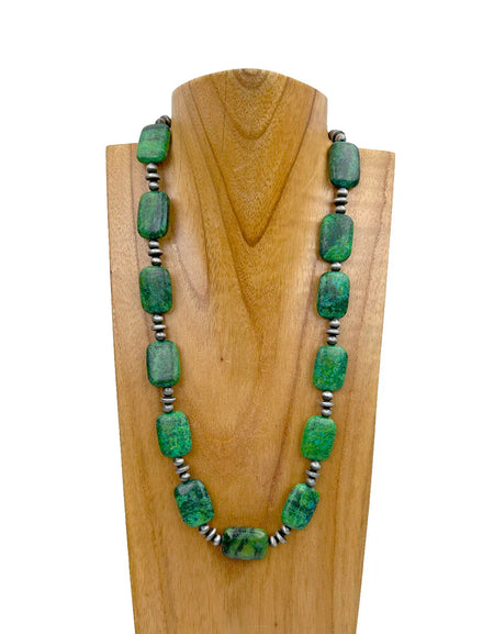 WE 23 inch silver Navajo pearl necklacewith green rectangle turquoise stone