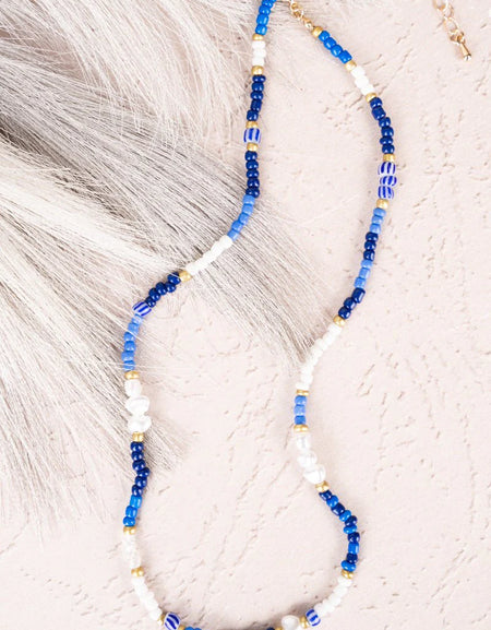 CRYSTAL AVENUE PEBBLE BEACH BLUE MULTI BEADED NECKLACE