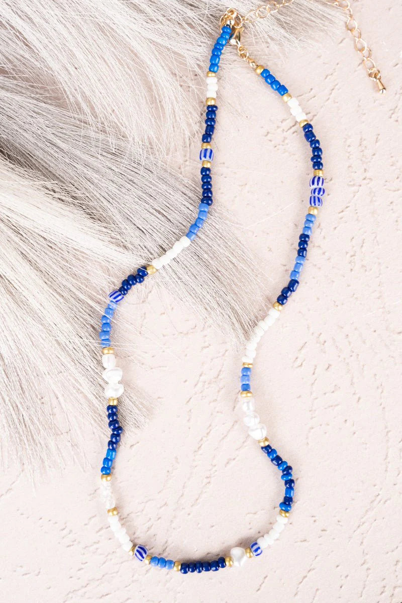 CRYSTAL AVENUE PEBBLE BEACH BLUE MULTI BEADED NECKLACE