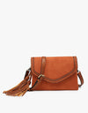 Sloane Suede Flapover Crossbody w/ Whipstitch & Tassel - Brick