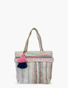 Vivi Striped Cotton Tote w/ Fringe & Tassels Options - Blue Pink