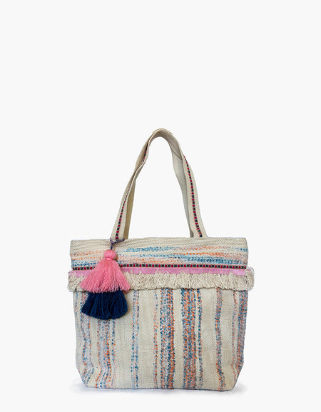 Vivi Striped Cotton Tote w/ Fringe & Tassels Options - Blue Pink