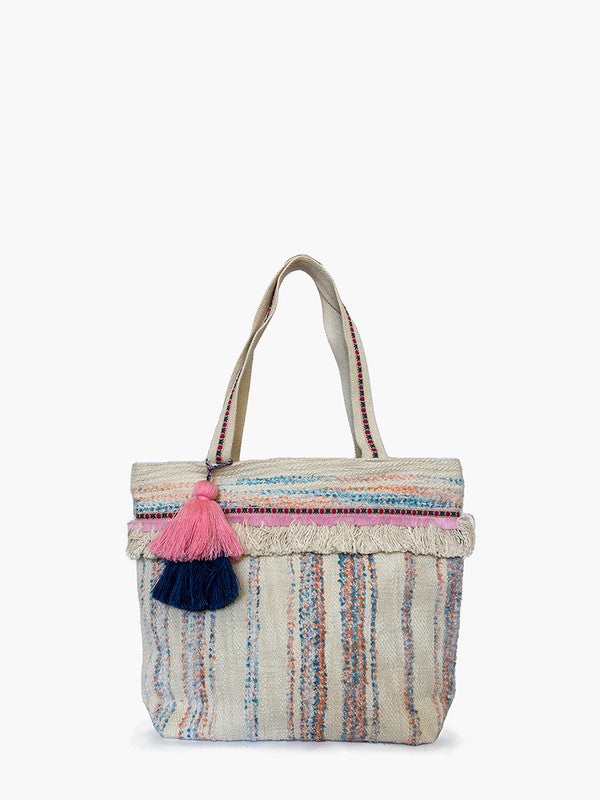 Vivi Striped Cotton Tote w/ Fringe & Tassels Options - Blue Pink