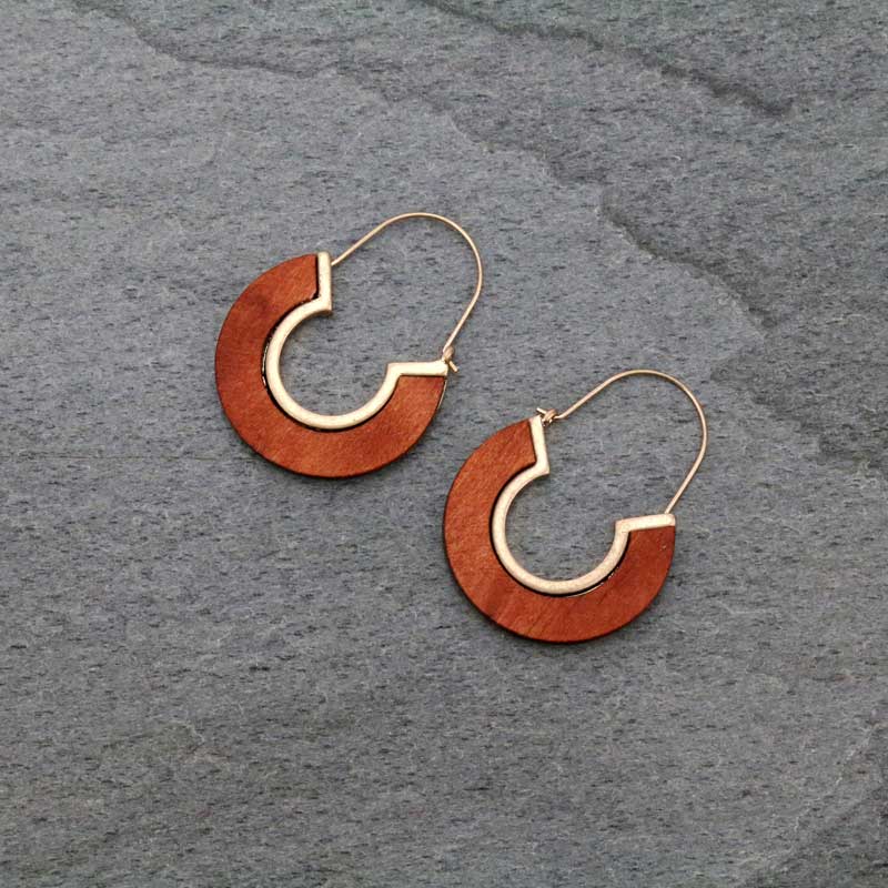 U Shape Wood with Metal Hoop Earrings - Brown