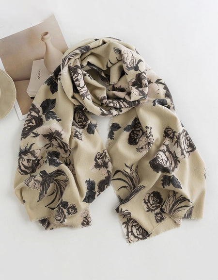 Warm Rose Print Tassel Scarf-Beige