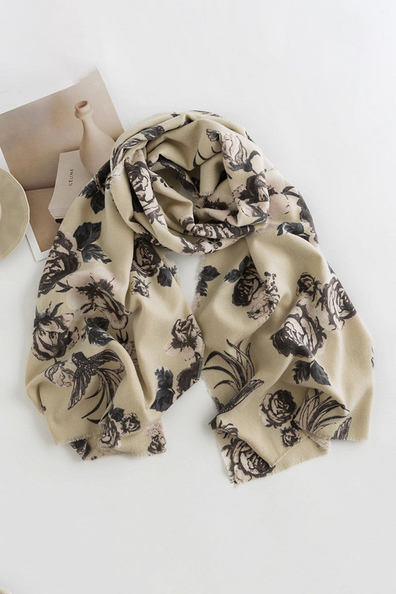 Warm Rose Print Tassel Scarf-Beige