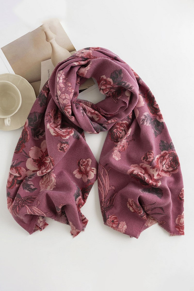 Warm Rose Print Tassle Scarf - Purplered