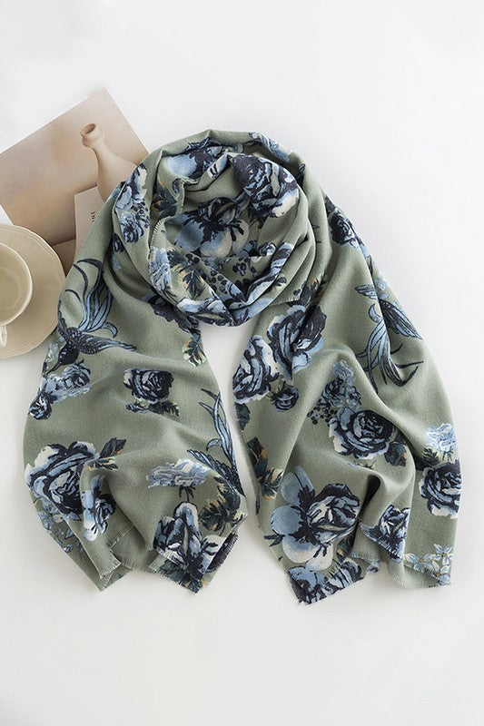 Warm Rose Print Tassel Scarf-GREEN
