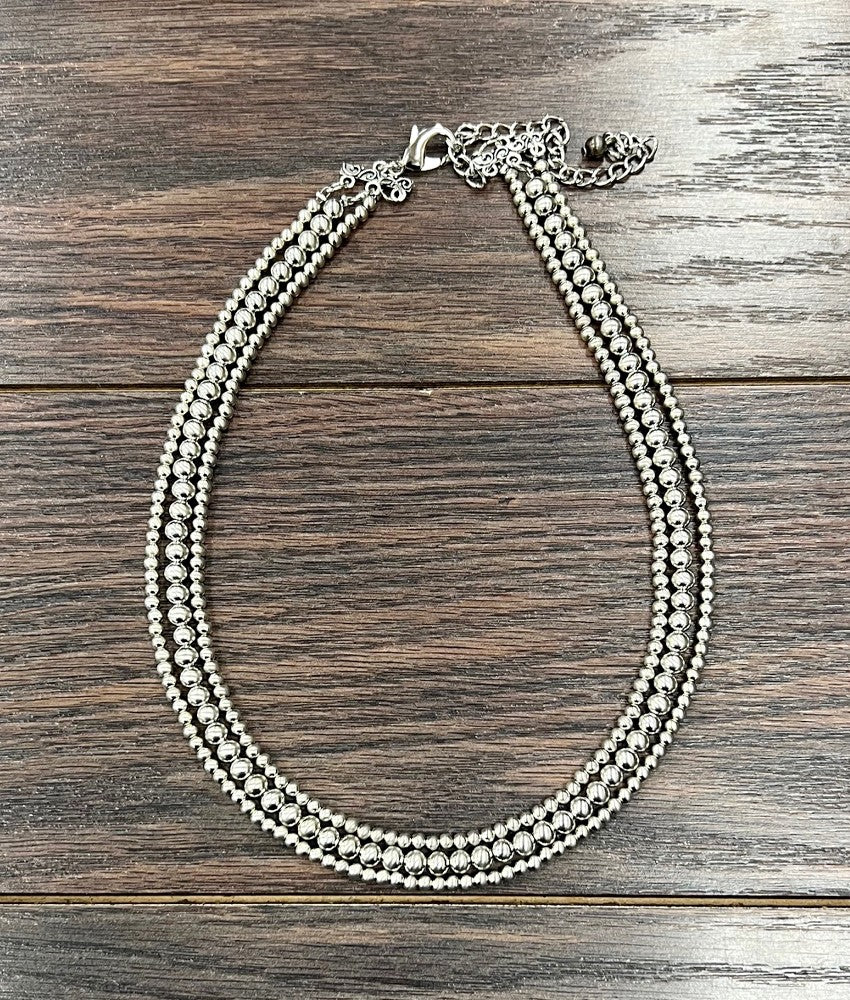 18" Chunky Silver Western Bead 3-strand Necklace