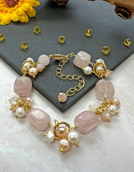 Rose Quartz, Freshwater Pearls and Crystals Bracelet