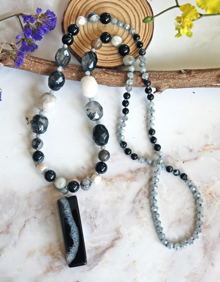 3D Black Onyx Tube Necklace
