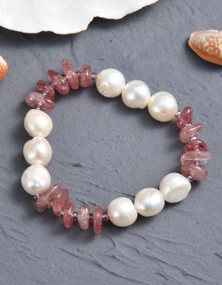 Genuine Strawberry Quartz & Cultured Pearl Stretch Bracelet
