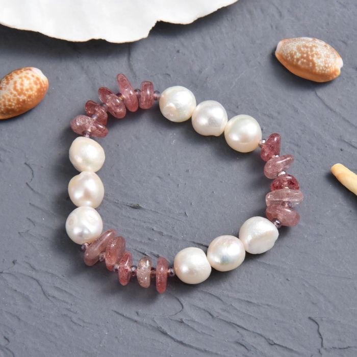 Genuine Strawberry Quartz & Cultured Pearl Stretch Bracelet