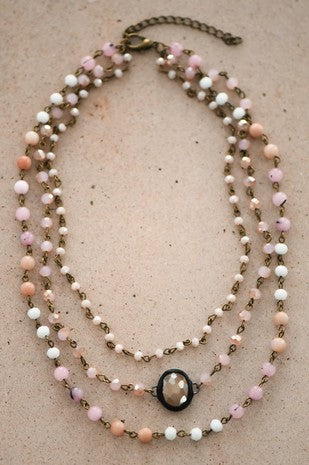 Triple Layered Mixed Glass Bead and Stone Necklace - Pink
