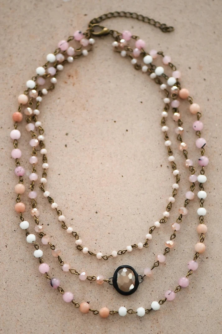 Pink Triple Layered Mixed Glass Bead and Stone Necklace