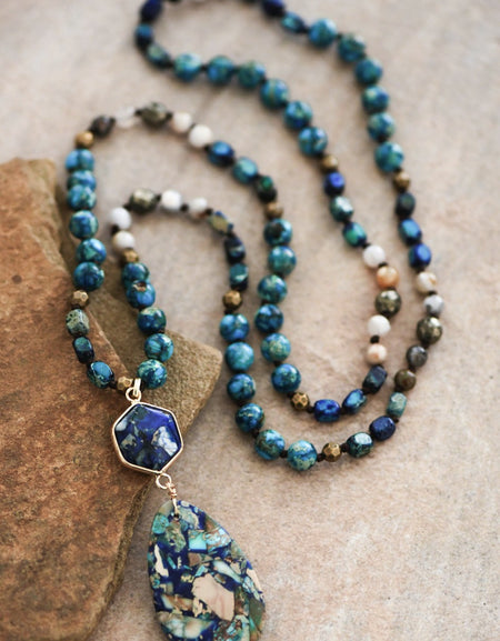 Stone Beaded Long Necklace, Large Stone Pendant - Blue Sea Jasper