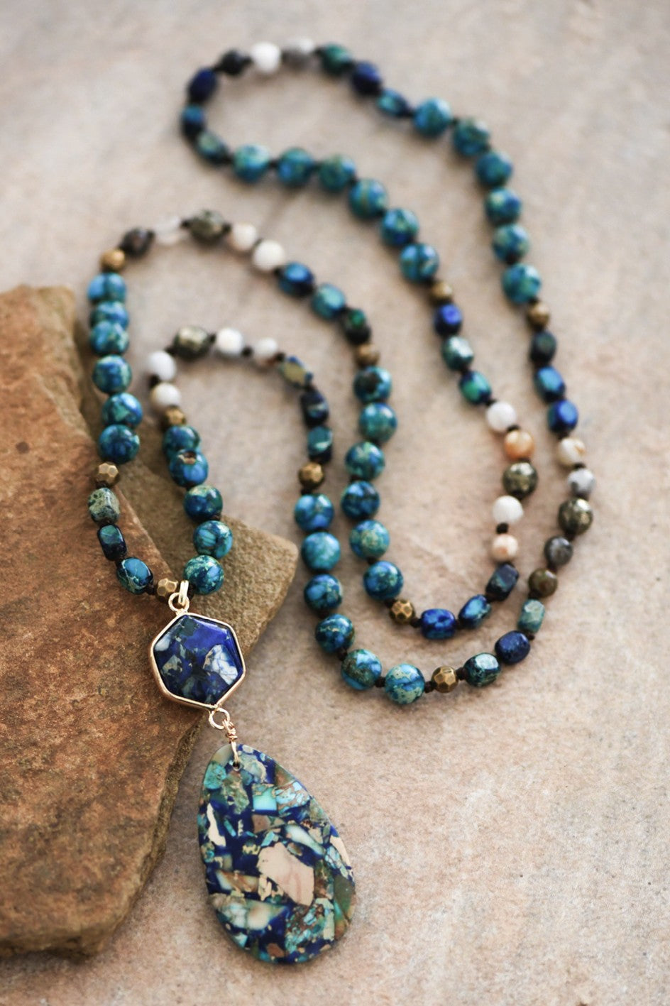 Stone Beaded Long Necklace, Large Stone Pendant - Blue Sea Jasper