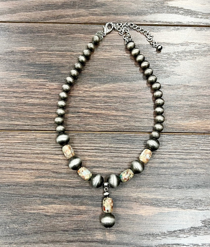 Handmade Gemstone, Navajo Bead Necklace with gemstone pendant