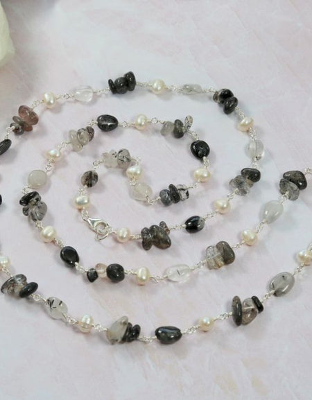 Cultured Pearl and Black Rutilated Quartz Rosary Style Necklace
