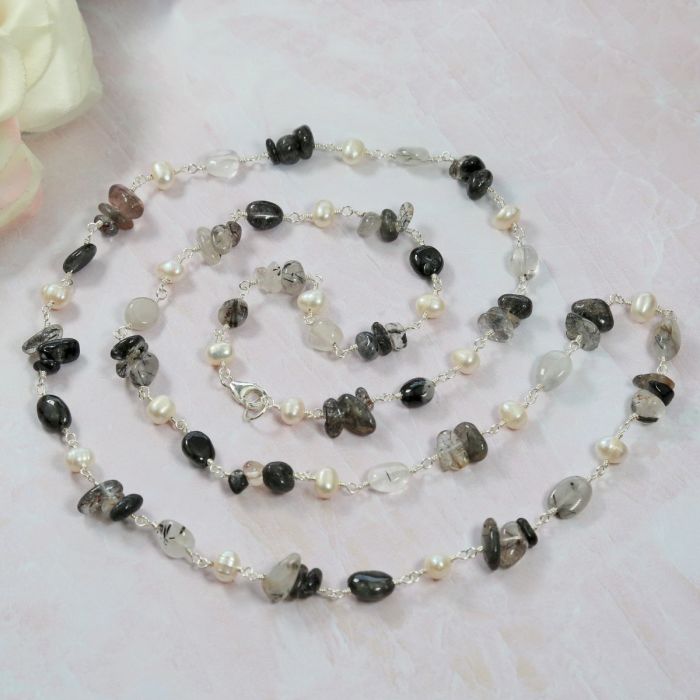 Cultured Pearl and Black Rutilated Quartz Rosary Style Necklace