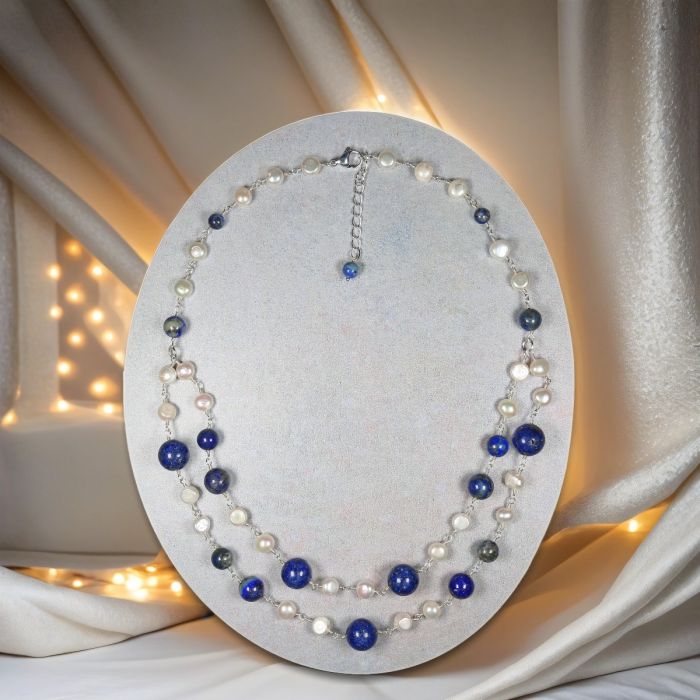 Lapis Lazuli and Cultured Pearl Double Strand Short Necklace