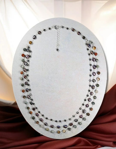 Gemstones and Cultured Pearls Triple Strand Short Necklace