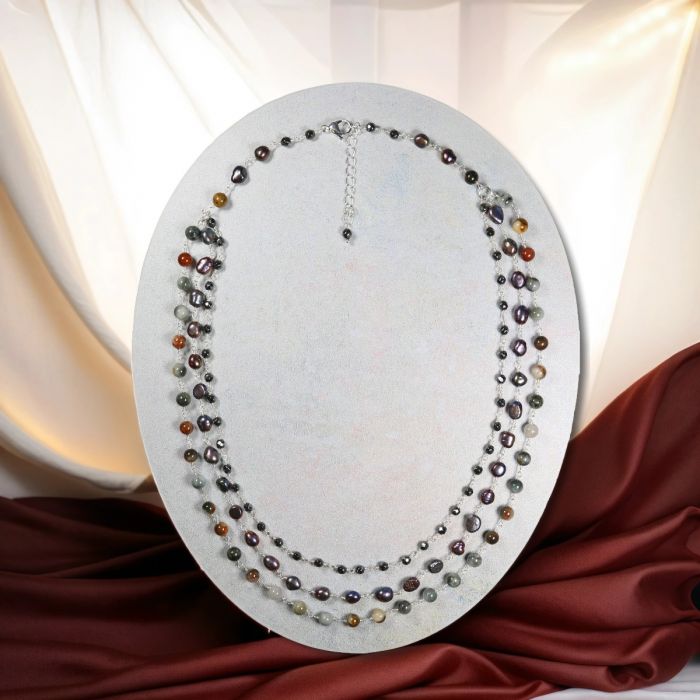 Gemstones and Cultured Pearls Triple Strand Short Necklace