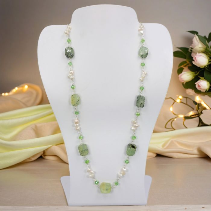 Prehnite and Freshwater Pearls Wired Necklace