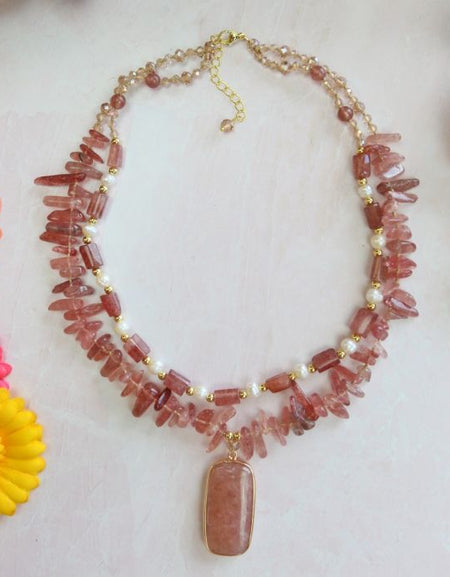 Strawberry Quartz and Freshwater Pearl Double Strand Necklace.